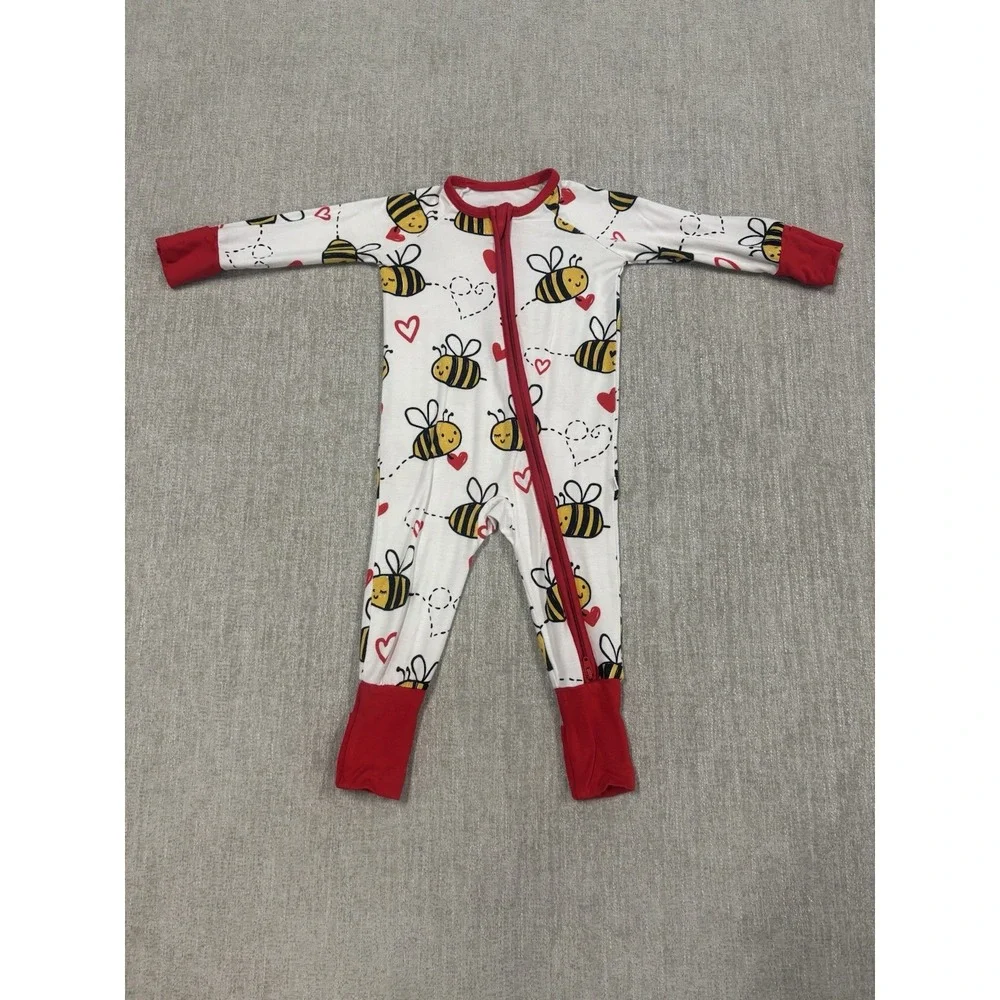 Little Sleepies Bee Mine Bamboo Pajama Zippy Size 3/6 Months Red / White Bees